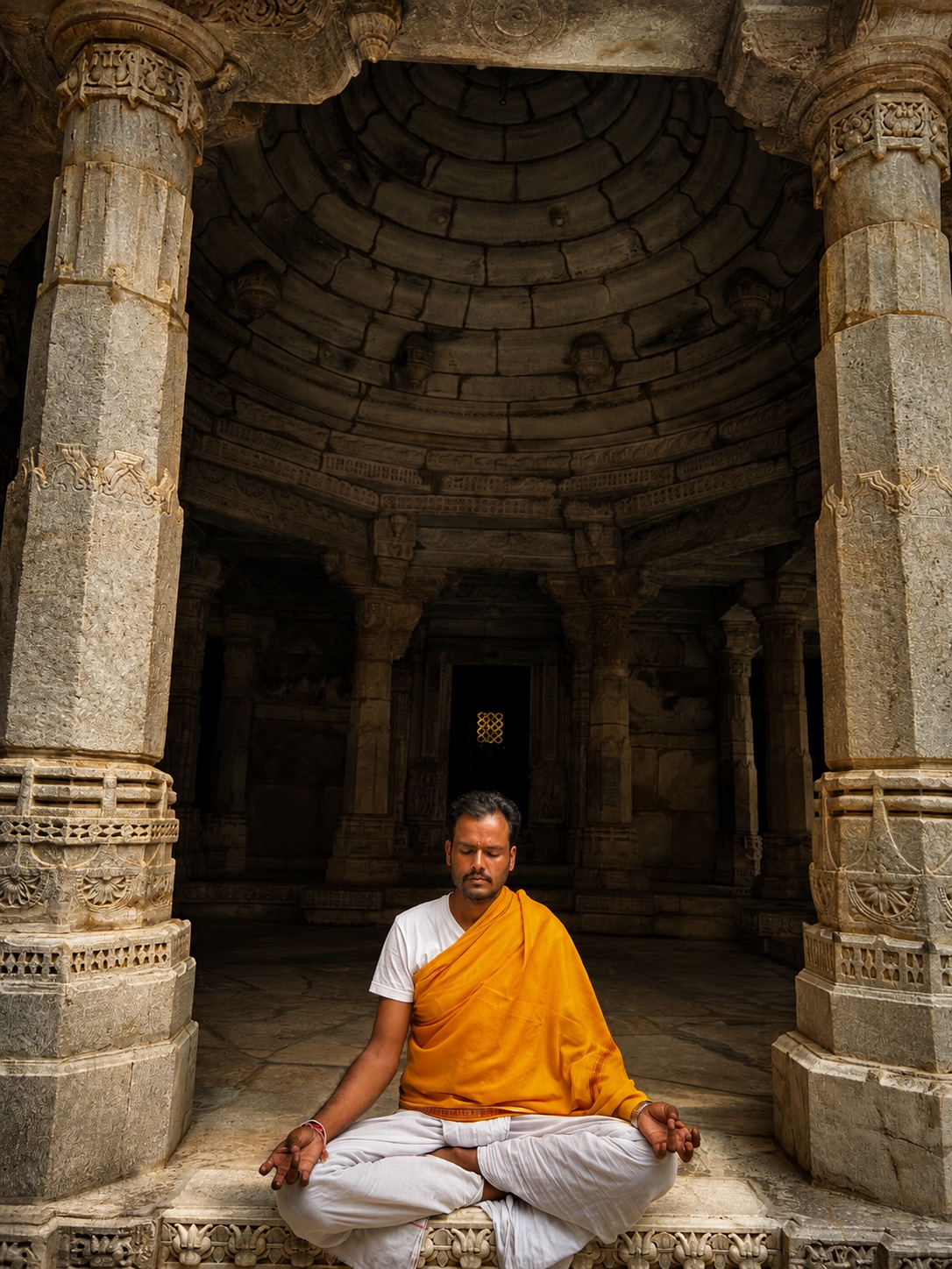 Seated in meditation beneath the temple dome at Ranakpur