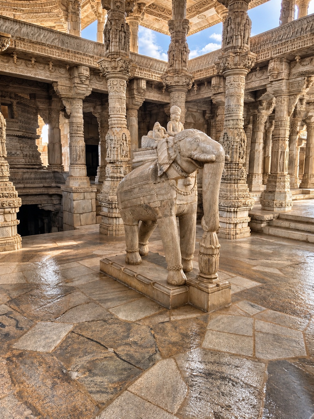 Ranakpur Jain temple — carved marble elephant in the pillared hall