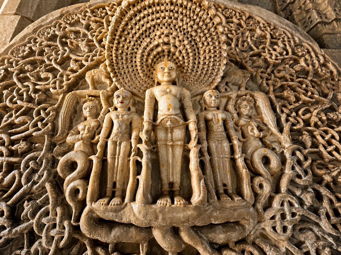 Ranakpur Jain temple — carved marble relief of the Tirthankaras