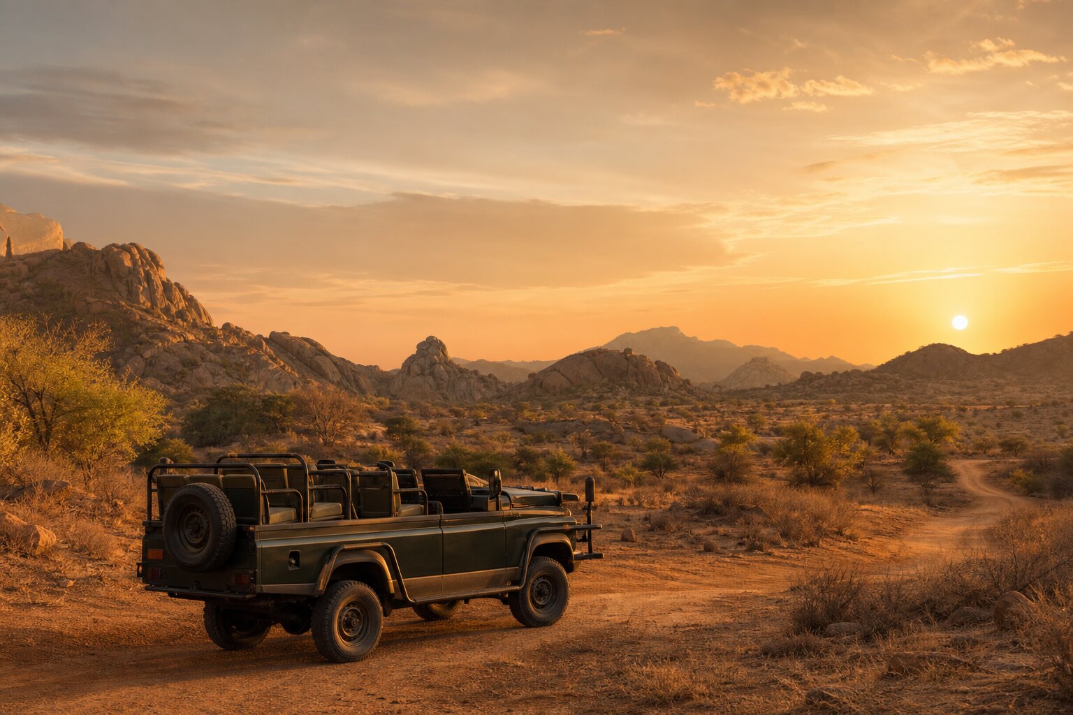 Ranakpur safari — jeep at Aravalli sunset